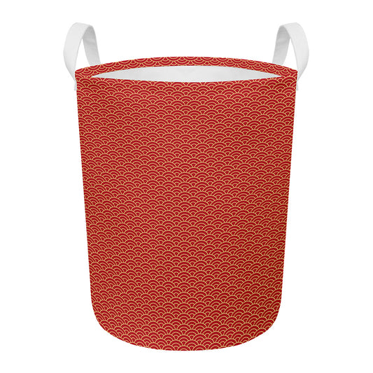 Red Japanese Wave Pattern Print Round Laundry Basket