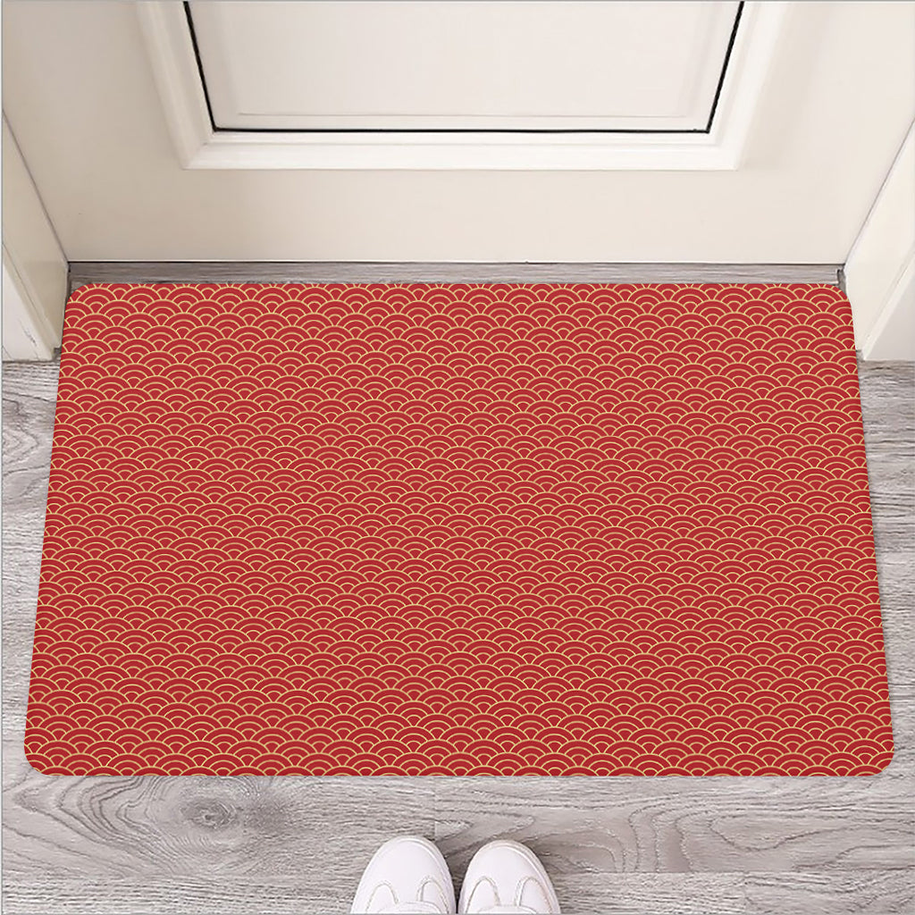 Red Japanese Wave Pattern Print Rubber Doormat