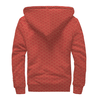 Red Japanese Wave Pattern Print Sherpa Lined Zip Up Hoodie