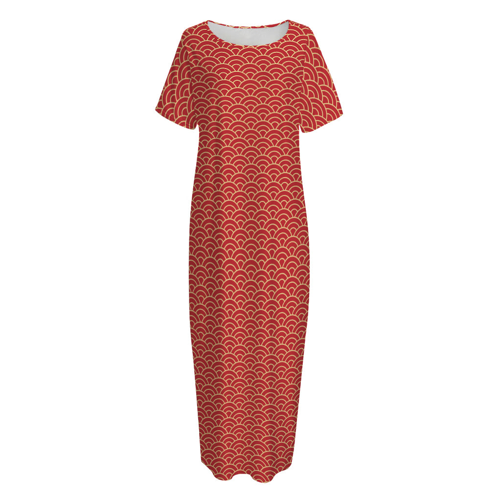 Red Japanese Wave Pattern Print Short Sleeve Long Nightdress