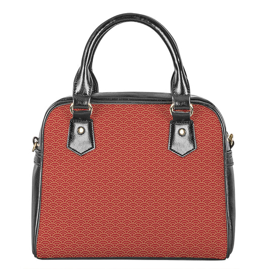 Red Japanese Wave Pattern Print Shoulder Handbag