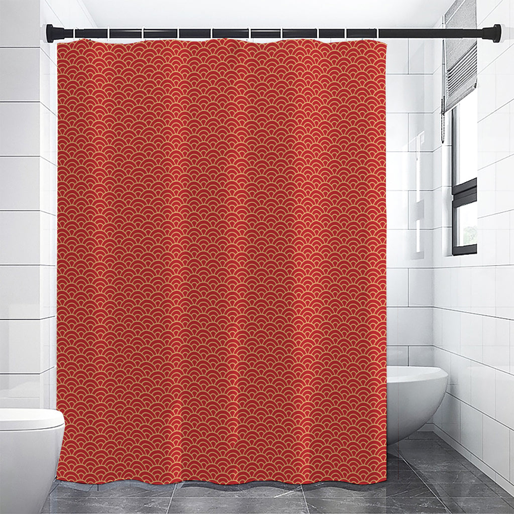 Red Japanese Wave Pattern Print Shower Curtain
