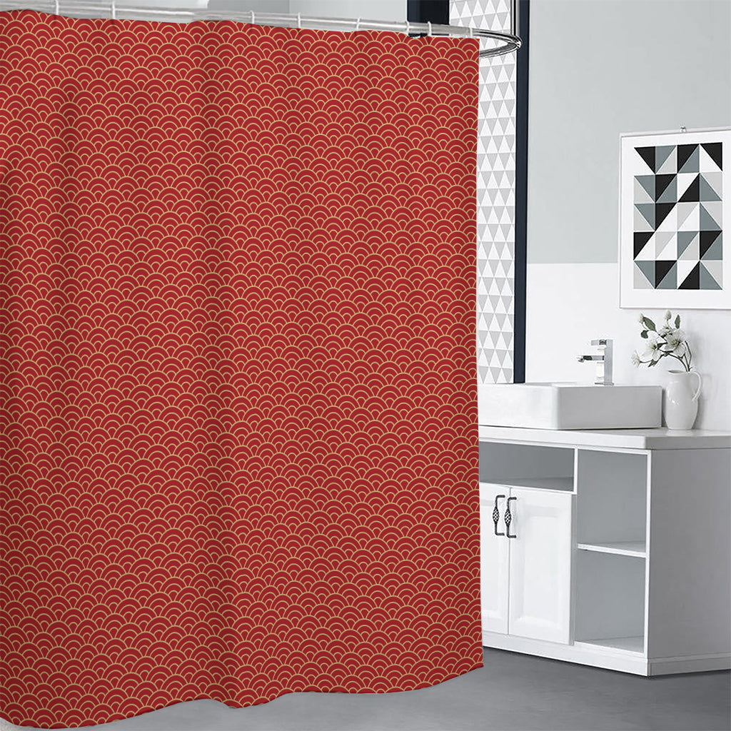 Red Japanese Wave Pattern Print Shower Curtain