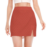 Red Japanese Wave Pattern Print Side Slit Mini Skirt