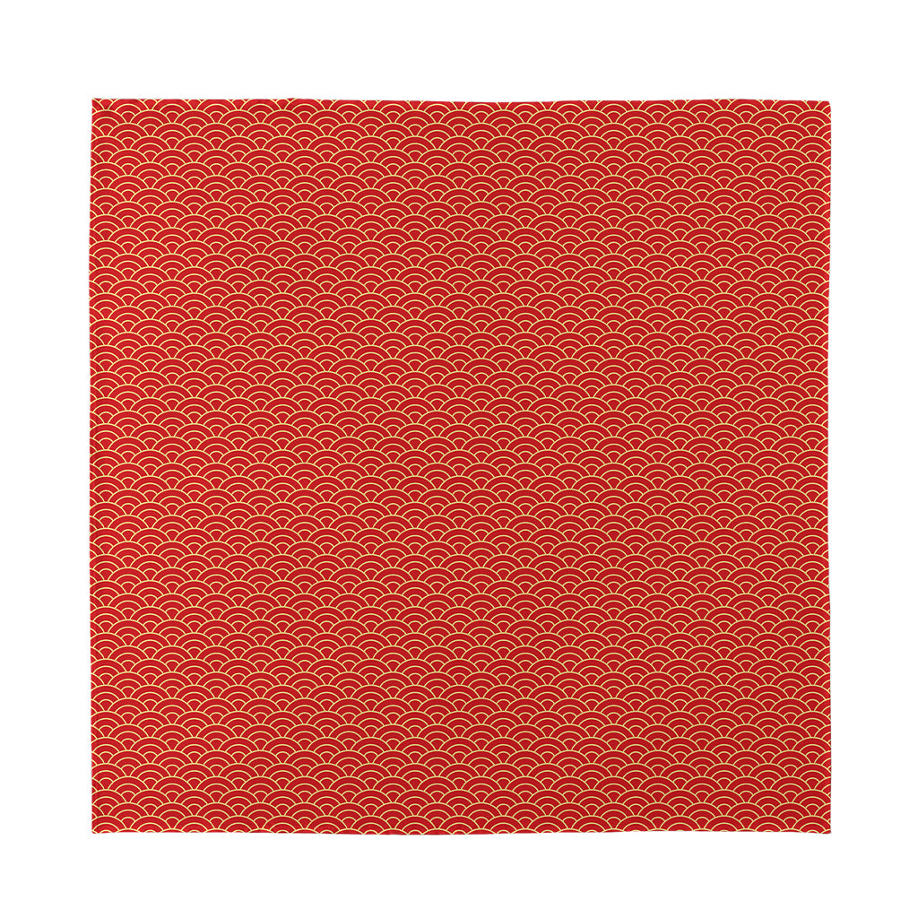 Red Japanese Wave Pattern Print Silk Bandana