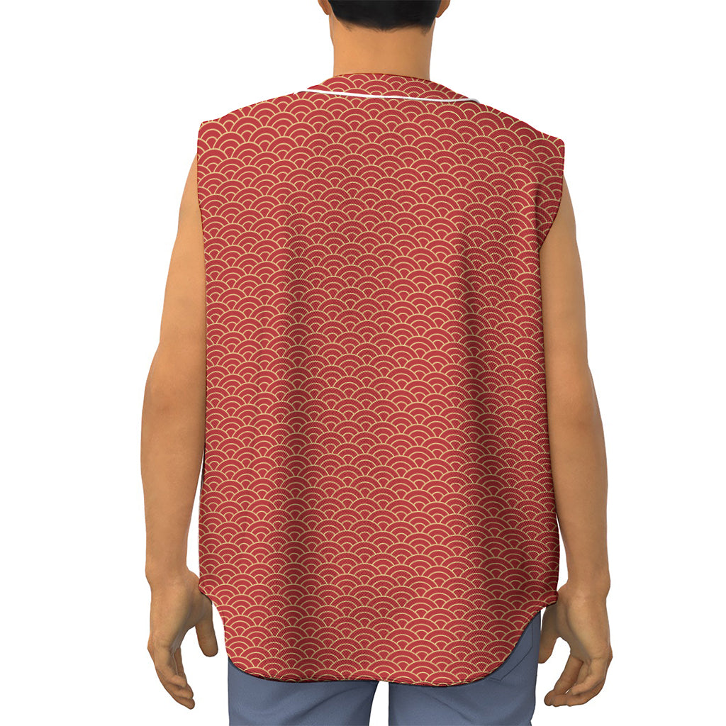 Red Japanese Wave Pattern Print Sleeveless Baseball Jersey