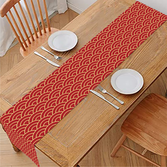 Red Japanese Wave Pattern Print Table Runner