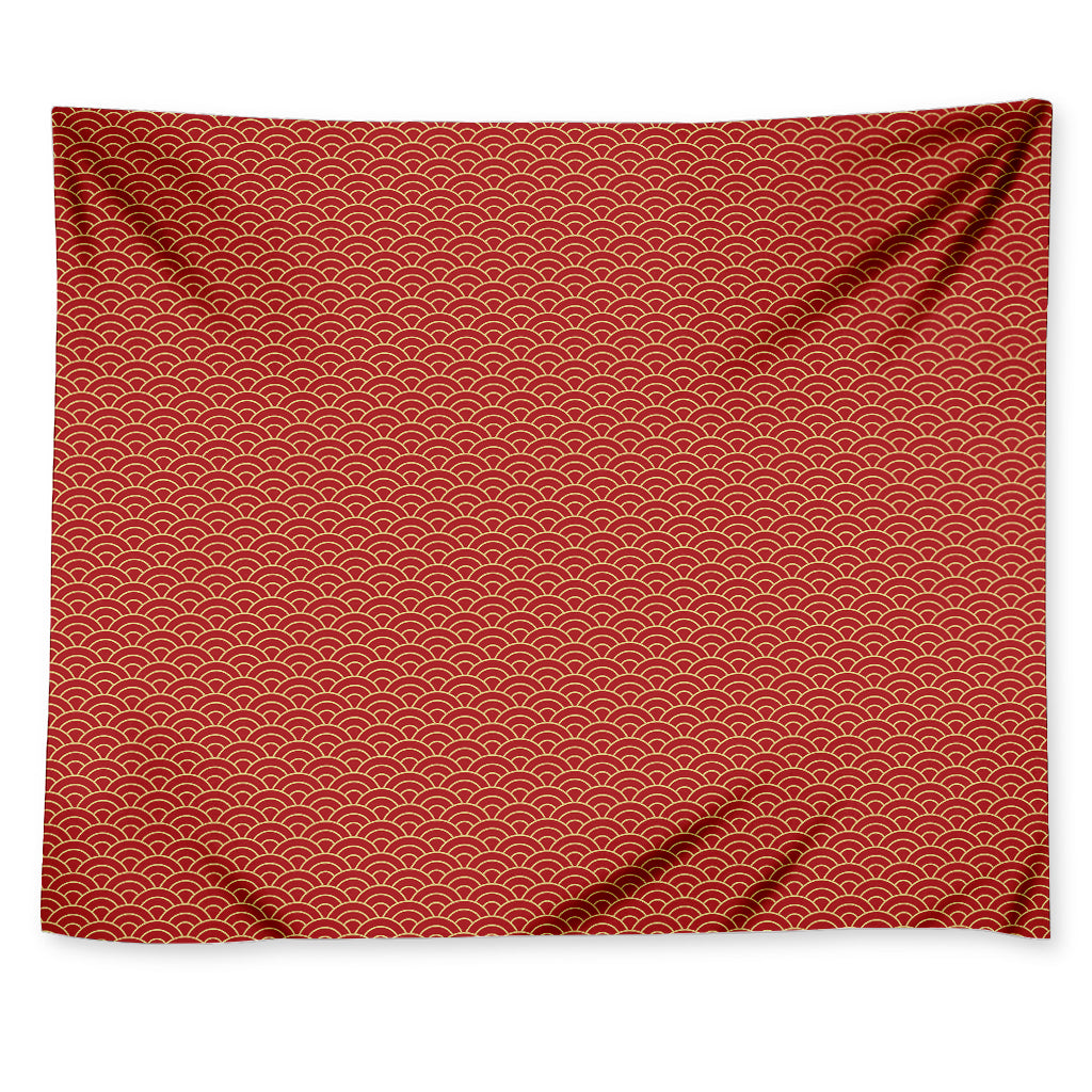 Red Japanese Wave Pattern Print Tapestry