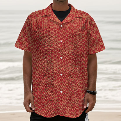 Red Japanese Wave Pattern Print Textured Short Sleeve Shirt