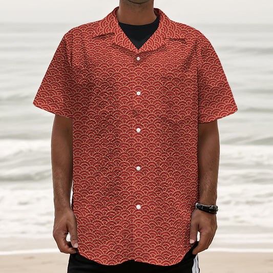 Red Japanese Wave Pattern Print Textured Short Sleeve Shirt