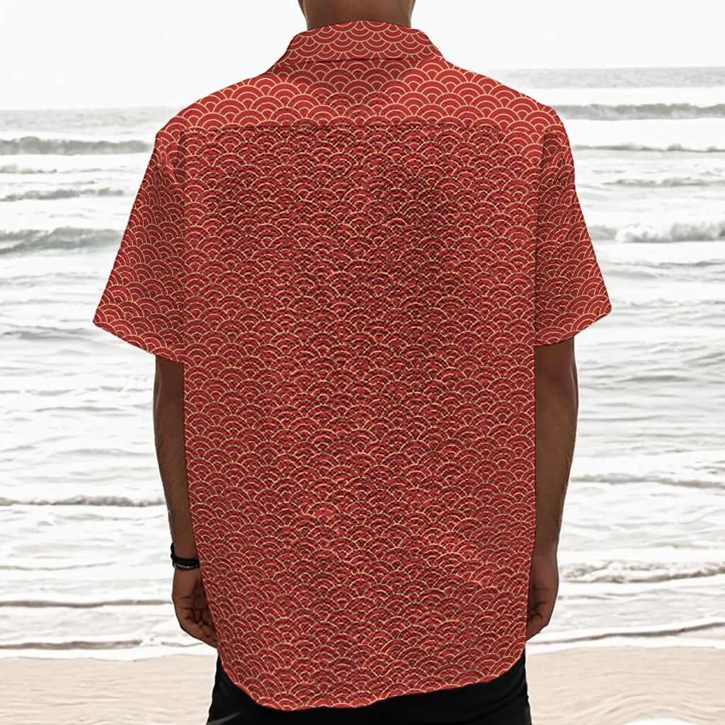 Red Japanese Wave Pattern Print Textured Short Sleeve Shirt