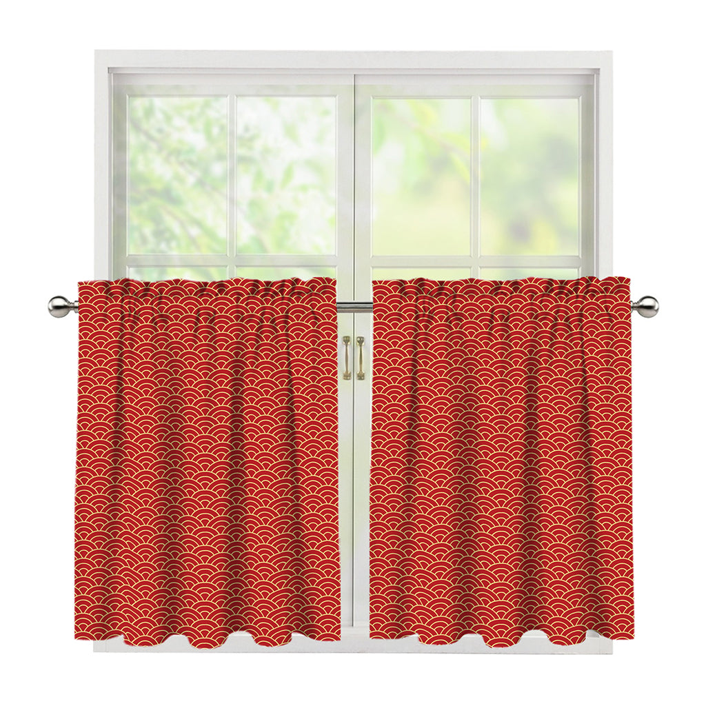 Red Japanese Wave Pattern Print Tier Curtains