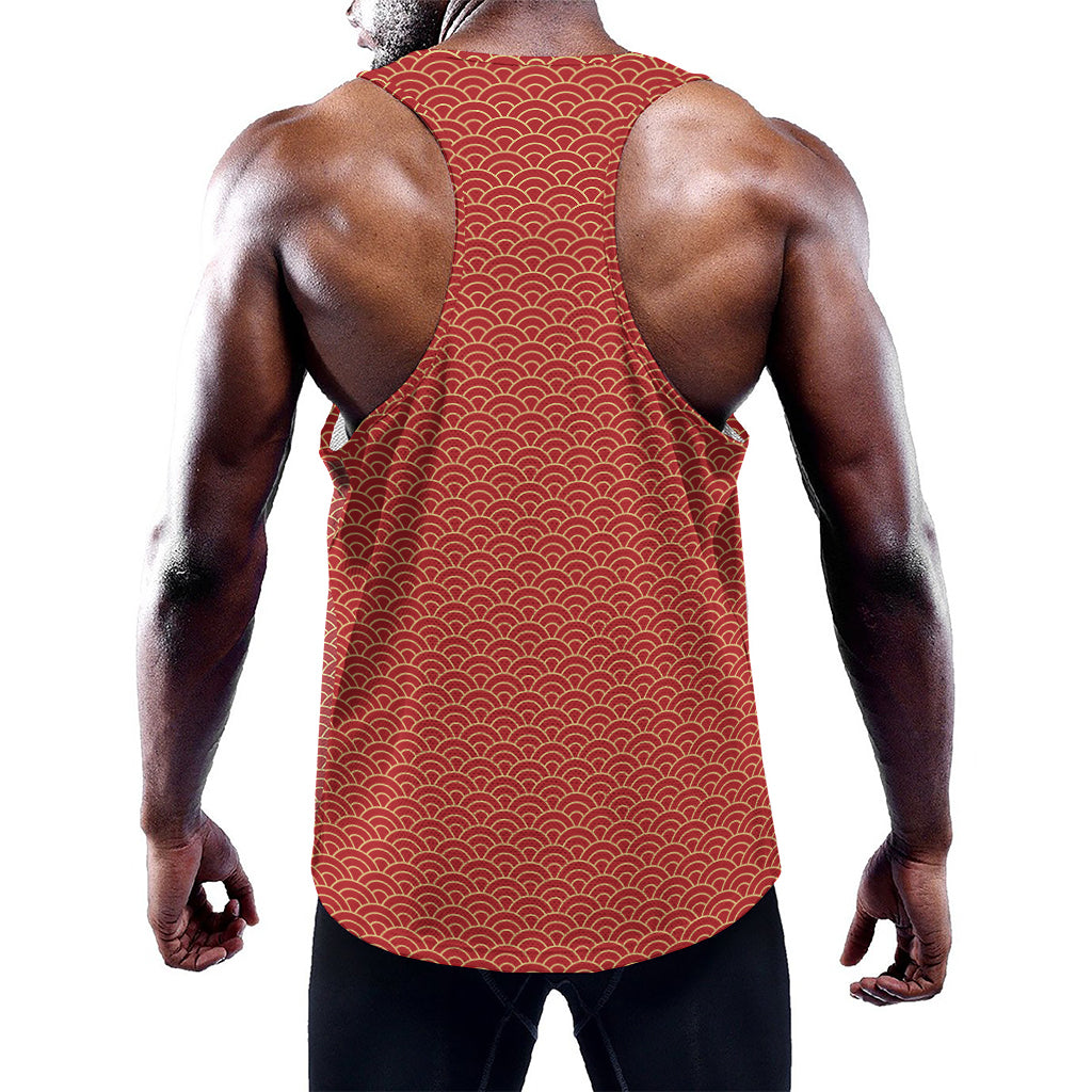 Red Japanese Wave Pattern Print Training Tank Top