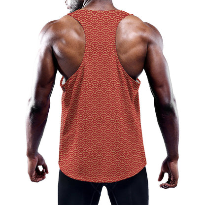 Red Japanese Wave Pattern Print Training Tank Top