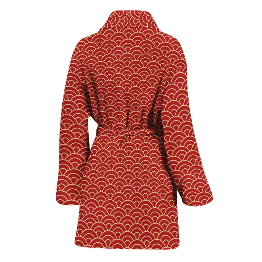 Red Japanese Wave Pattern Print Women's Bathrobe