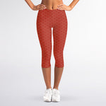Red Japanese Wave Pattern Print Women's Capri Leggings