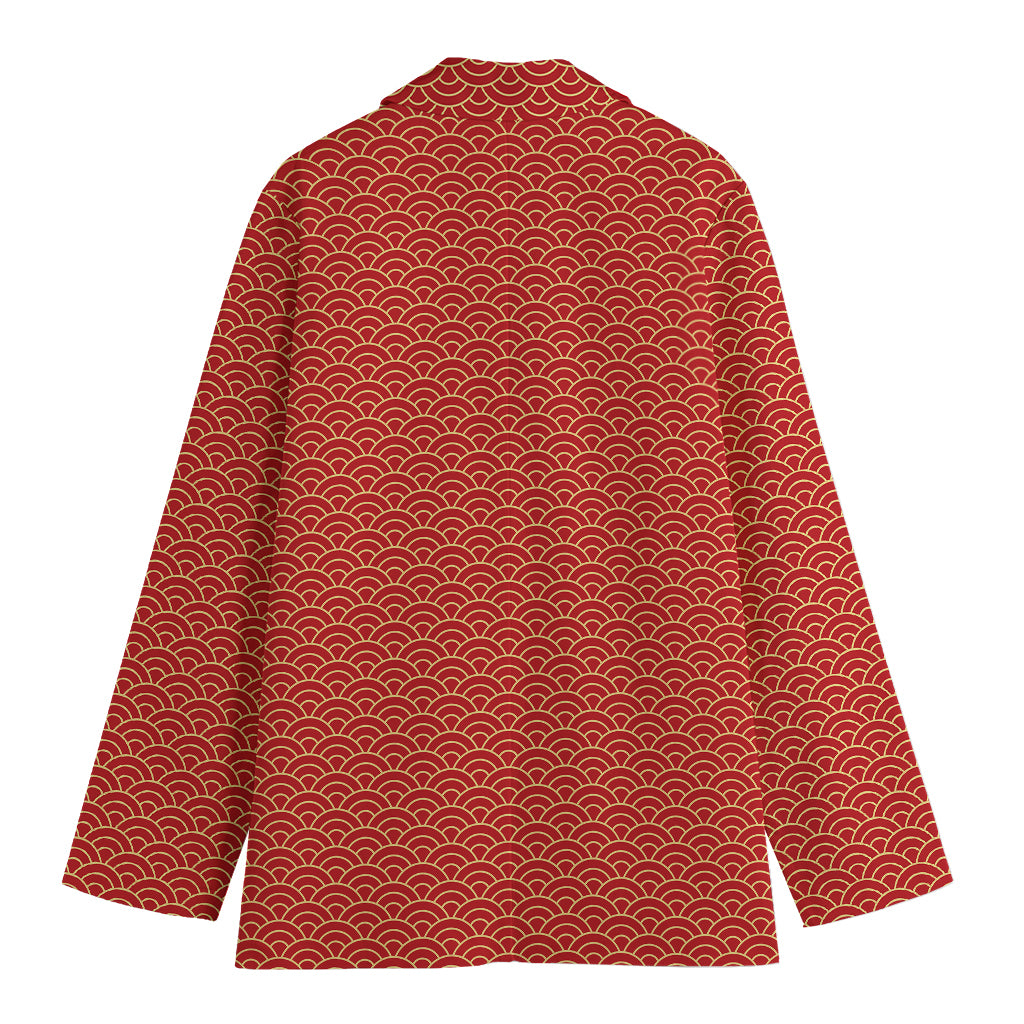 Red Japanese Wave Pattern Print Women's Cotton Blazer