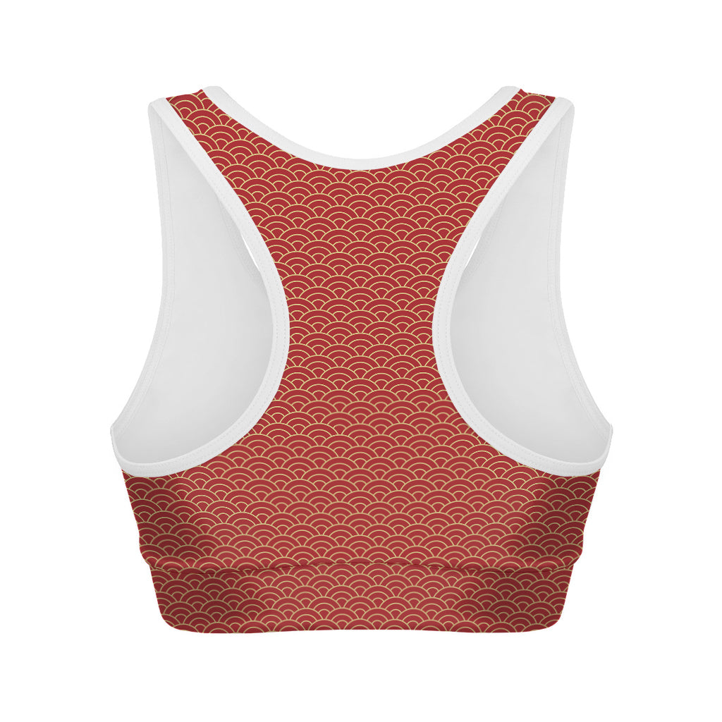 Red Japanese Wave Pattern Print Women's Sports Bra