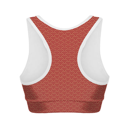 Red Japanese Wave Pattern Print Women's Sports Bra