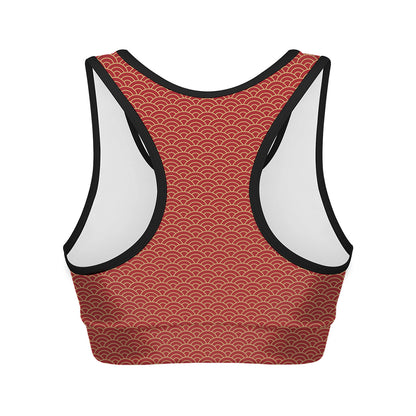 Red Japanese Wave Pattern Print Women's Sports Bra
