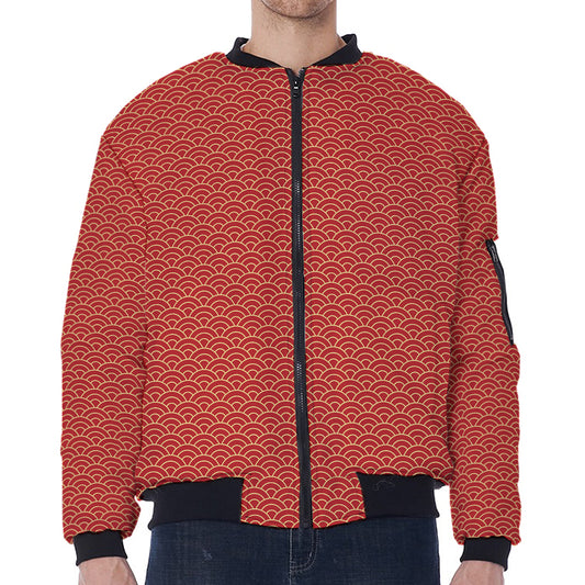 Red Japanese Wave Pattern Print Zip Sleeve Bomber Jacket