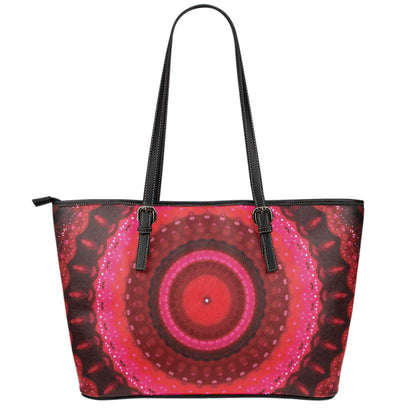 Red Kaleidoscope Print Leather Tote Bag