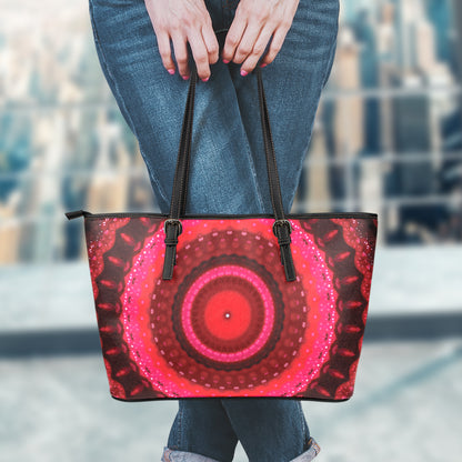 Red Kaleidoscope Print Leather Tote Bag