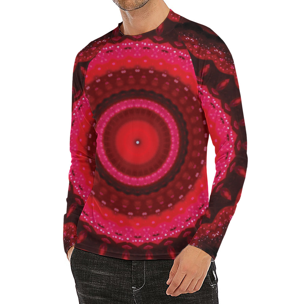 Red Kaleidoscope Print Men's Long Sleeve Rash Guard