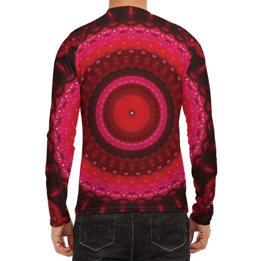 Red Kaleidoscope Print Men's Long Sleeve Rash Guard