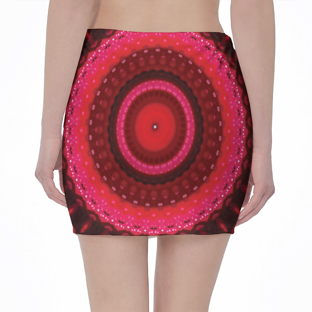 Red Kaleidoscope Print Pencil Mini Skirt