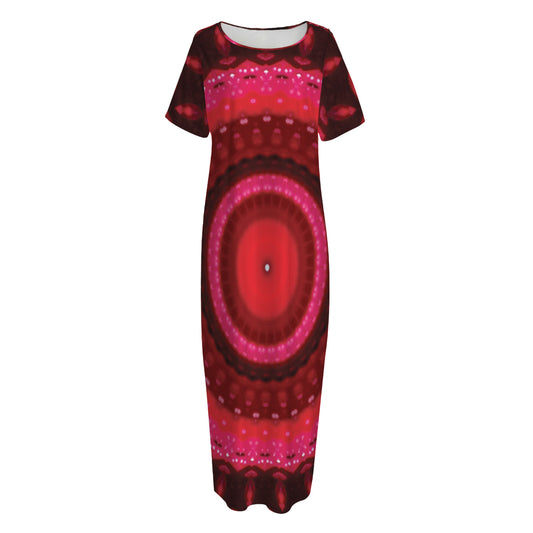 Red Kaleidoscope Print Short Sleeve Long Nightdress