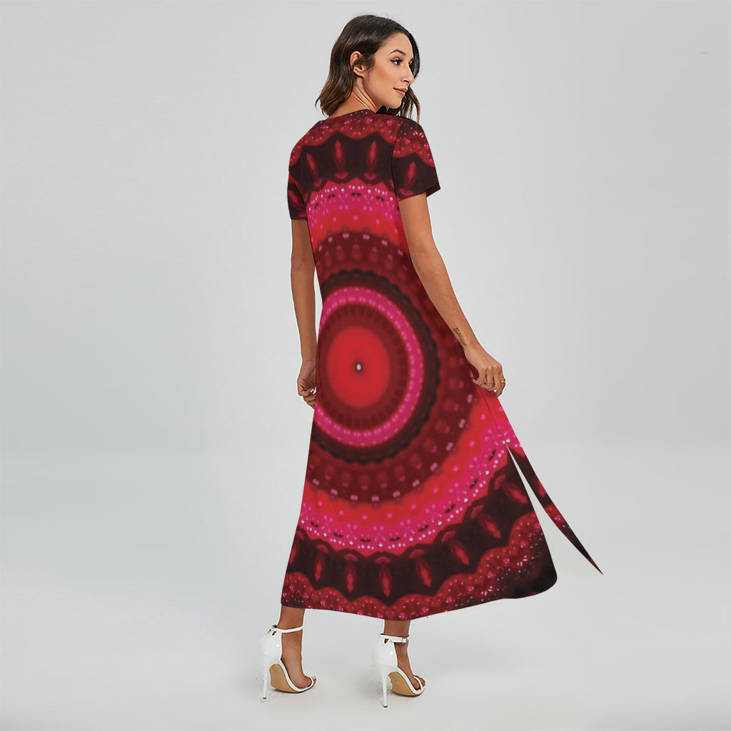 Red Kaleidoscope Print Short Sleeve Maxi Dress
