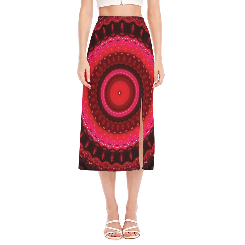 Red Kaleidoscope Print Side Slit Midi Skirt