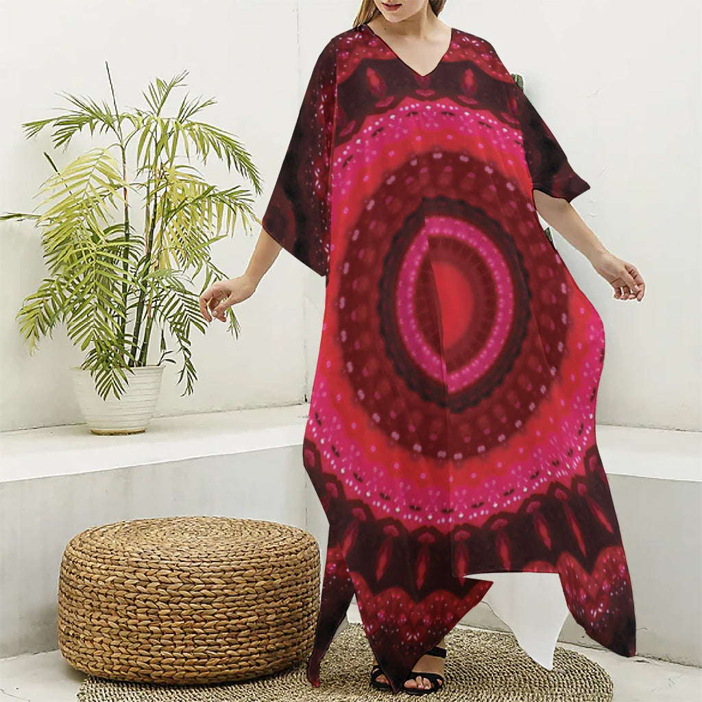 Red Kaleidoscope Print Silk V-Neck Kaftan Dress