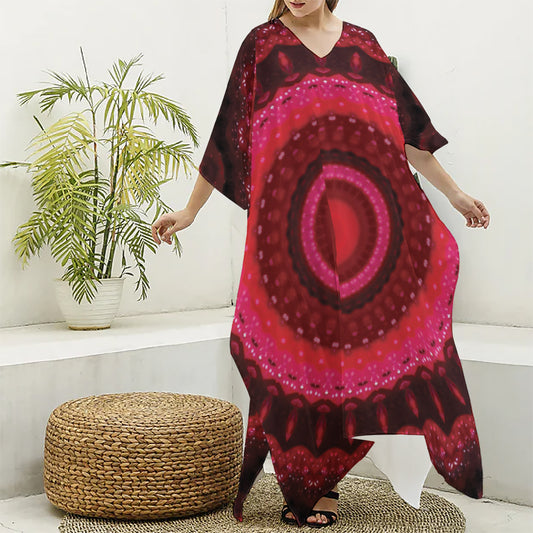 Red Kaleidoscope Print Silk V-Neck Kaftan Dress