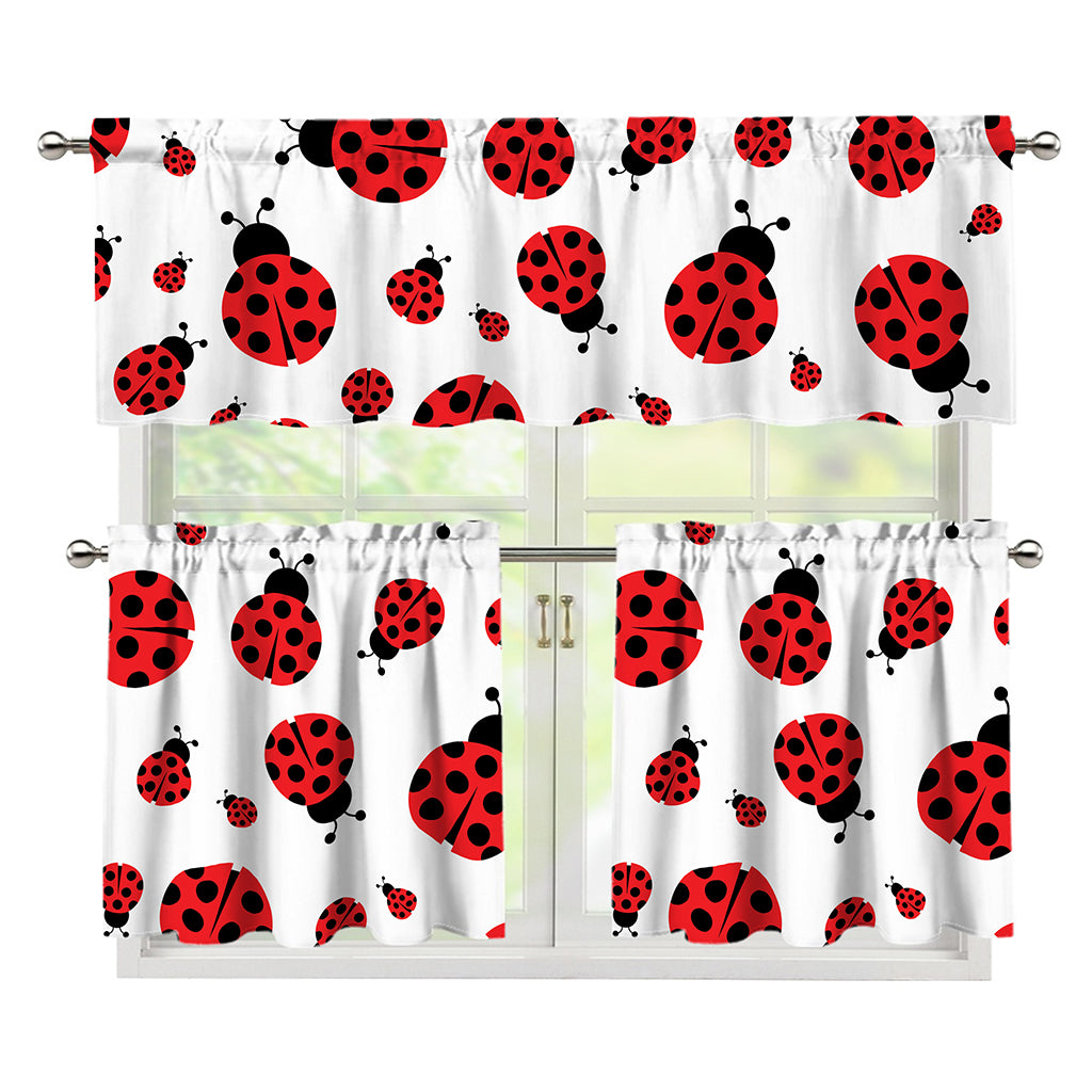 Red Ladybug Pattern Print 3 Piece Kitchen Curtains