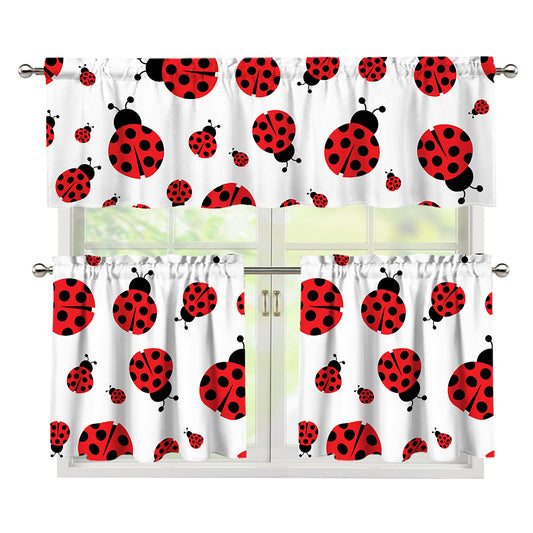 Red Ladybug Pattern Print 3 Piece Kitchen Curtains