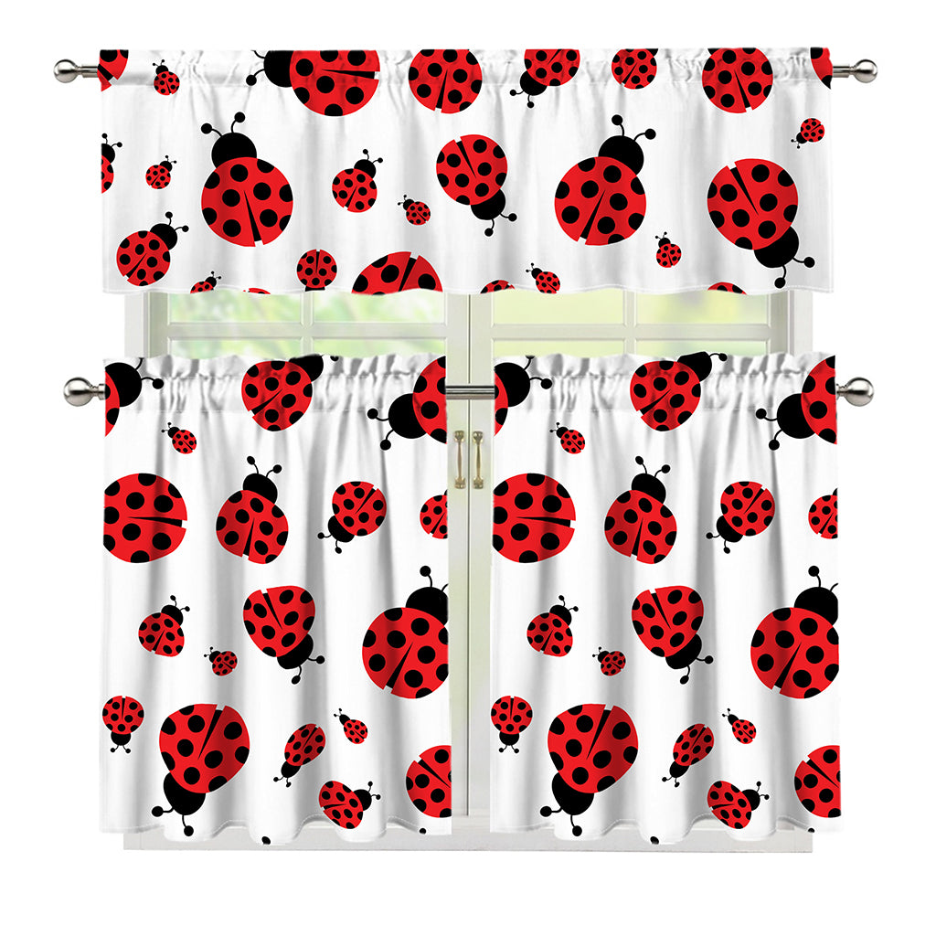 Red Ladybug Pattern Print 3 Piece Kitchen Curtains