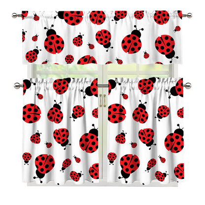 Red Ladybug Pattern Print 3 Piece Kitchen Curtains