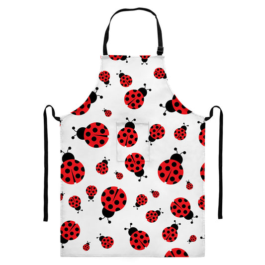 Red Ladybug Pattern Print Bib Apron With Pocket