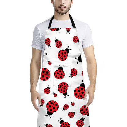 Red Ladybug Pattern Print Bib Apron With Pocket