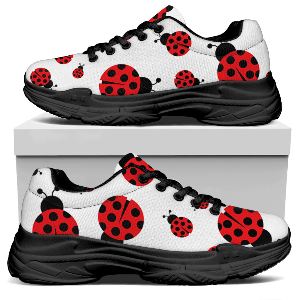 Red Ladybug Pattern Print Black Chunky Shoes