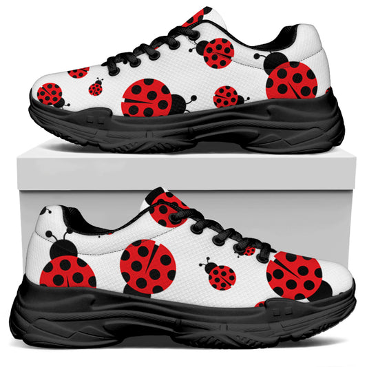 Red Ladybug Pattern Print Black Chunky Shoes