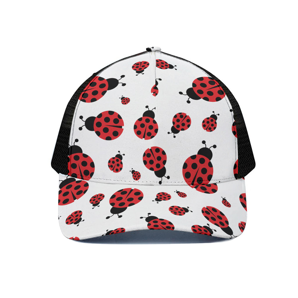 Red Ladybug Pattern Print Black Mesh Trucker Cap
