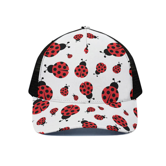 Red Ladybug Pattern Print Black Mesh Trucker Cap