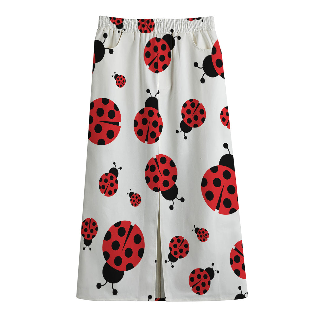 Red Ladybug Pattern Print Cotton Front Slit Maxi Skirt