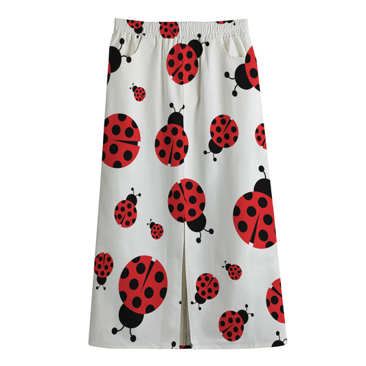 Red Ladybug Pattern Print Cotton Front Slit Maxi Skirt