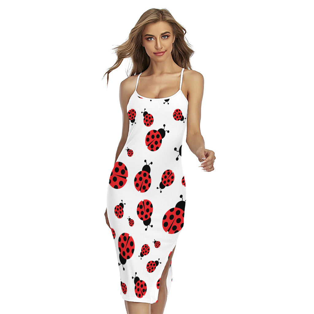 Red Ladybug Pattern Print Cross Back Cami Dress