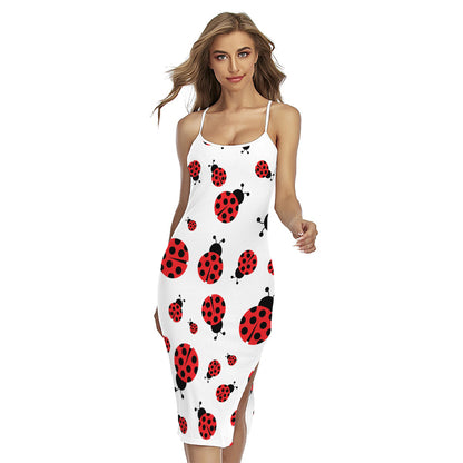 Red Ladybug Pattern Print Cross Back Cami Dress