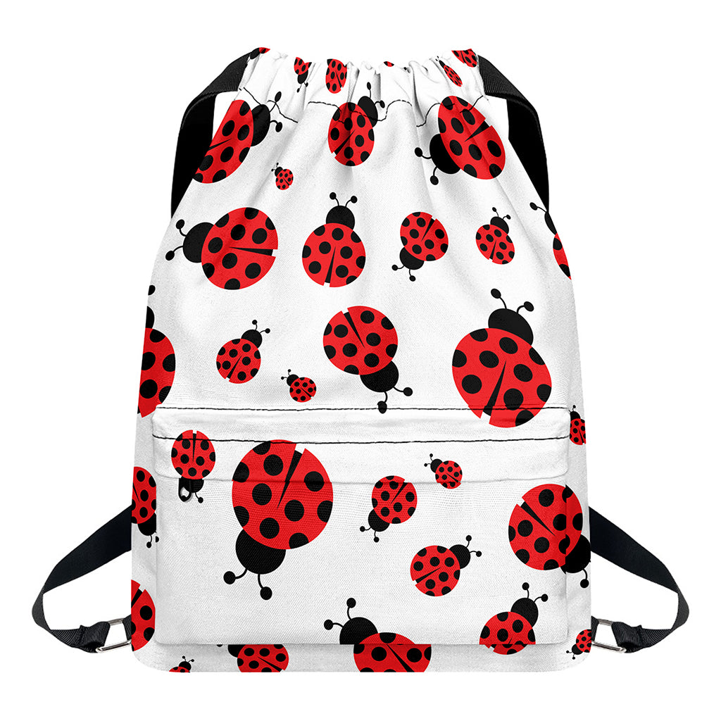 Red Ladybug Pattern Print Drawstring Backpack